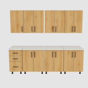 Set mobilă bucătărie modulară 260 cm din PAL Stejar Auriu cu blat termorezistent, vedere frontală pe fundal alb