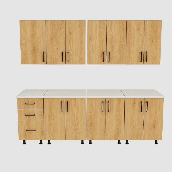 Set mobilă bucătărie modulară 260 cm din PAL Stejar Auriu cu blat termorezistent, vedere frontală pe fundal alb