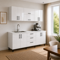 Bucătărie Iulia 200 cm MDF lucios alb cu blat