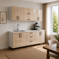 Bucătărie Iulia 200 cm MDF lucios crem cu blat