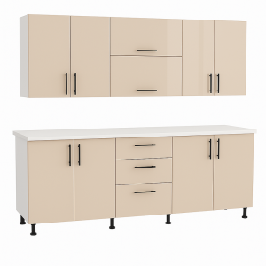 Set Mobilă Bucătărie Iulia 200 cm din MDF Bej Lucios P102 cu blat termorezistent, design modern pentru apartamente și garsoniere