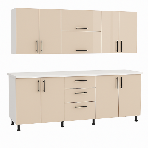 Set Mobilă Bucătărie Iulia 200 cm din MDF Bej Lucios P102 cu blat termorezistent, design modern pentru apartamente și garsoniere