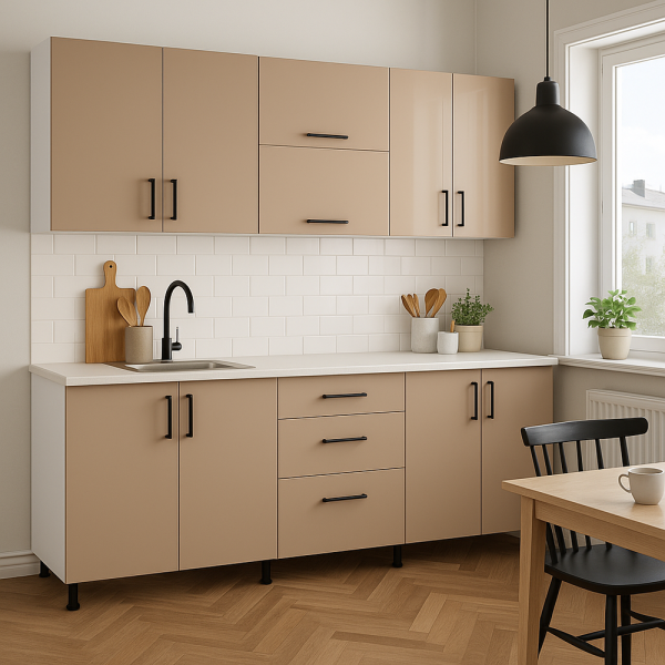 Set mobilă bucătărie 200 cm MDF lucios capucino cu blat