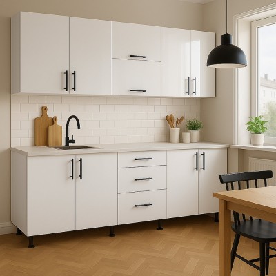 Set mobilă bucătărie 200 cm MDF Alb Lucios cu blat Mersin inclus