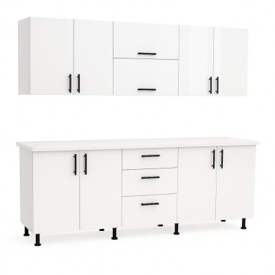 Vedere laterală set mobilă bucătărie MDF Alb Lucios 200 cm cu blat inclus