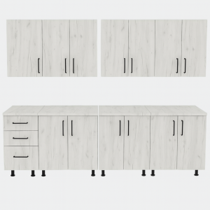 Set mobilă bucătărie modulară 260 cm cu fronturi Stejar alb K001 și blat termorezistent – vedere frontală completă