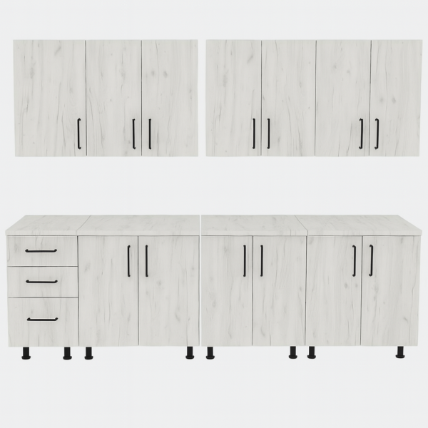Set mobilă bucătărie modulară 260 cm cu fronturi Stejar alb K001 și blat termorezistent – vedere frontală completă