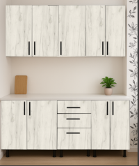 Set mobilă bucătărie Lana K001 Stejar Alb 220 cm cu blat termorezistent” → foarte important pentru SEO și Google Images.