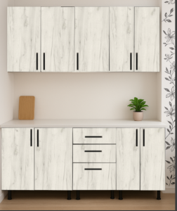 Set mobilă bucătărie Lana K001 Stejar Alb 220 cm cu blat termorezistent” → foarte important pentru SEO și Google Images.