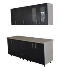 Set bucătărie modulară 220 cm – fronturi antracit, blat termorezistent, vitrină și sertare