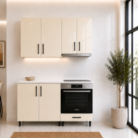Bucatarie 140 cm MDF lucios crem cu blat