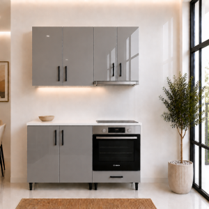 Bucatarie 140 cm MDF lucios gri cu blat