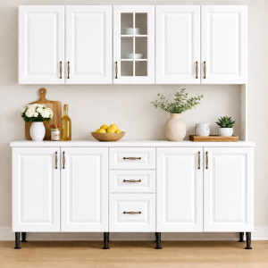 Mobilă Bucatarie MDF infoliat Alb 180 cm cu vitrina