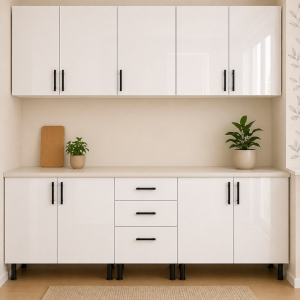 Bucatarie MDF lucios bianco 200 cm cu blat