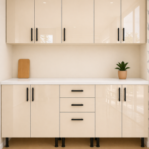 Bucatarie MDF lucios cream 200 cm cu blat