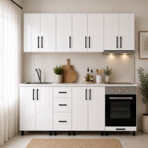 Bucatarie MDF Alb Lucios 240 cm cu blat