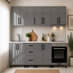 Bucatarie MDF lucios gri 260 cm cu blat