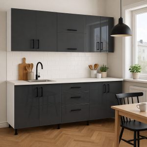 Bucătărie Iulia 200 cm MDF lucios antracit cu blat