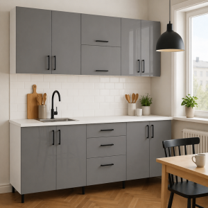 Bucătărie 180 cm MDF gri Lucios cu blat