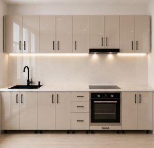 Bucatarie 320 cm MDF lucios cappuccino cu blat