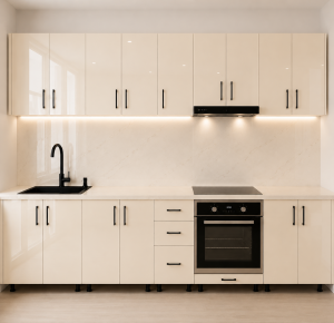 Bucatarie 320 cm MDF lucios crem cu blat